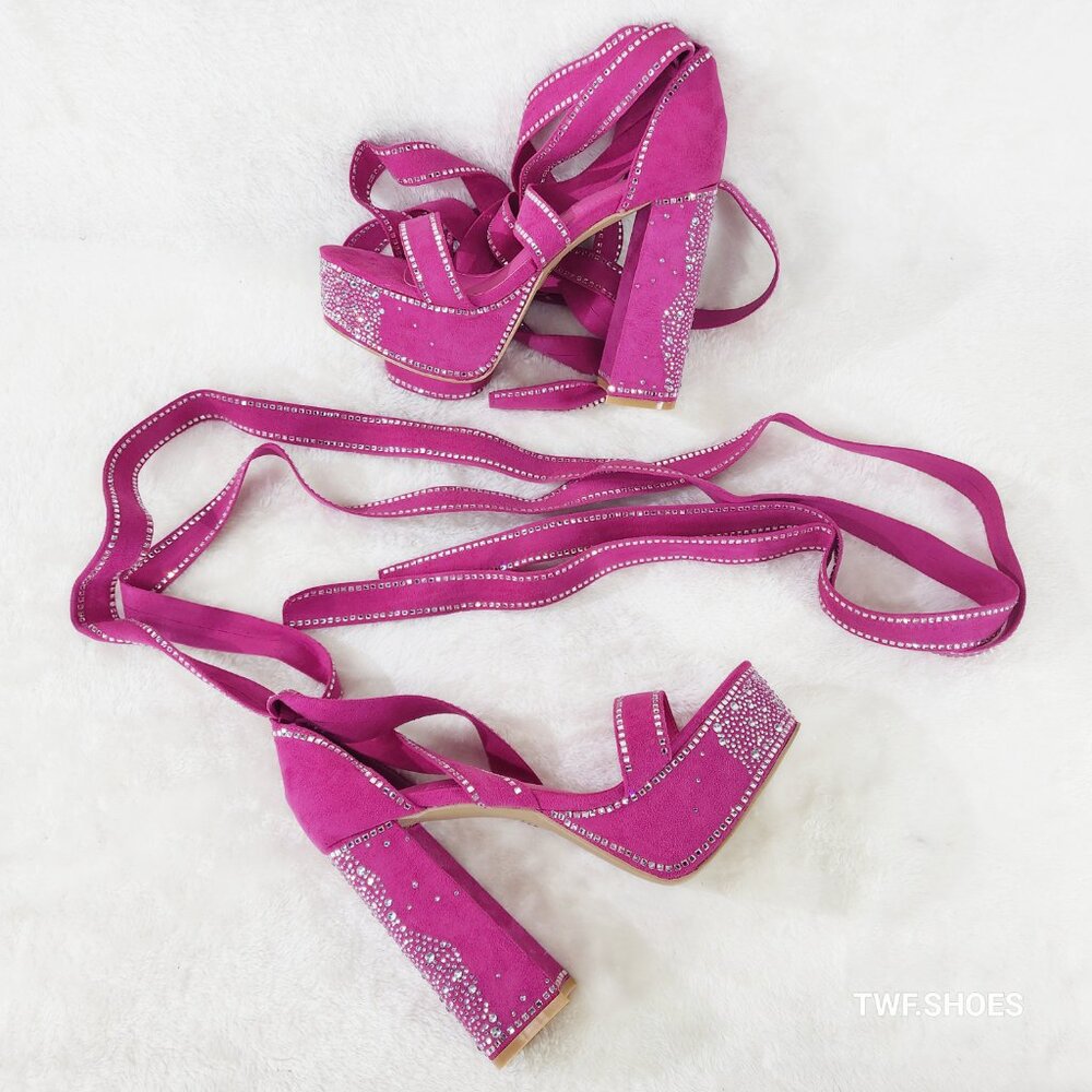 Extra Long Strap Rhinestone Platform Chunky Heel Shoes Hot Pink Fuchsia Rozie - Picture 9 of 9